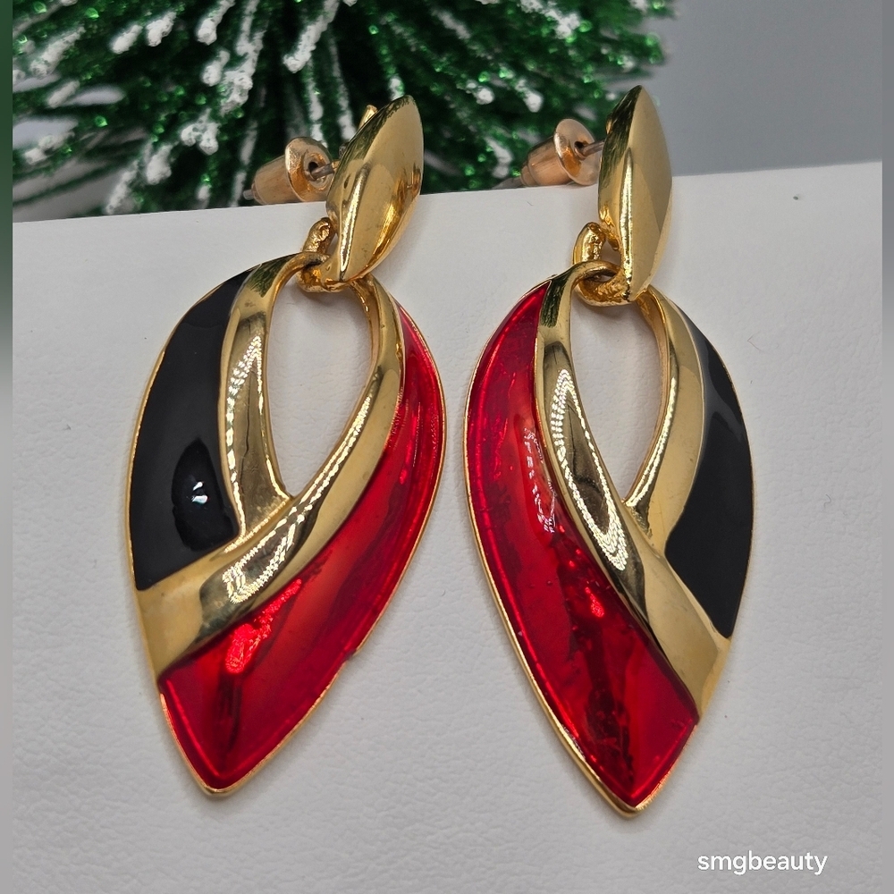 Vintage 80s Couture Black & Red Enamel Earrings Gold Tone